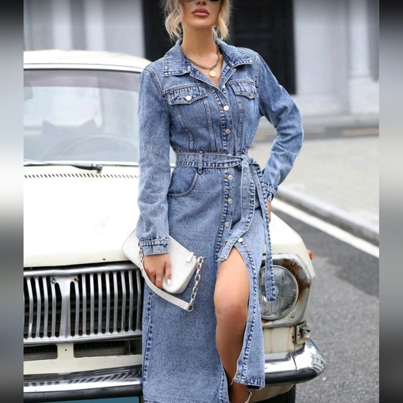 Flap Pocket Belted Denim Dress Fall Cloth For Women - Picture 3 of 7